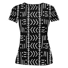 This Tribal Women T-shirt features an authentic African black and white print, perfect for adding a unique touch to any outfit. Made with high-quality material, it offers comfortable wear and stylish design for the modern woman. Celebrate cultural diversity with this one-of-a-kind T-shirt. Product Features Please Compare your Measurements To our Size Chart This T-shirt is Designed for fashionable women. Made from 5.47 Oz. 100% polyester. Double-needle hemmed sleeves and bottom. Vivid print that Fitted Black Shirt With All Over Print, Trendy Black T-shirt With All Over Print, White Tops With Unique Print, Black Fitted Top With Graphic Design, Fitted Black Top With Graphic Design, Fitted Black Shirt With Screen Print, Black Printed Graphic Tee, Black Graphic Tee With Print, Black T-shirt With All Over Print For Summer