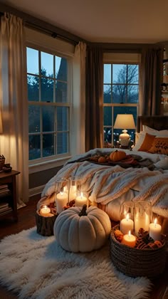 a bed room with a neatly made bed and many lit candles on the floor next to it