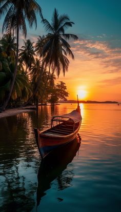 a boat sitting on top of a body of water next to palm trees at sunset