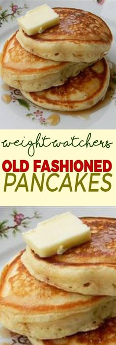 pancakes are stacked on top of each other with butter