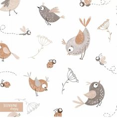 the birds are flying around together on the white wallpaper with pink and gray accents