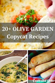 the collage shows different types of food and text overlay reads 20 + olive garden copycat recipes