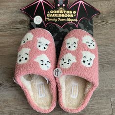 New Color: Pink, White And Black Size - M (7-8) Cobwebs & Cauldrons Memory Foam Pink Ghost Slippers, Pink Ghost Slippers, Halloween Slippers Slippers Halloween, Halloween Slippers, Pink Ghost, Boo Basket, Silver Rings Handmade, New Color, Memory Foam, Pink White, White And Black