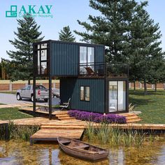 a small house on stilts in the water with a boat parked next to it