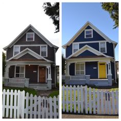 two pictures of the same house in different stages of being painted blue and white with yellow door