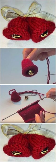 three pictures showing how to make a knitted red purse with gold trimmings