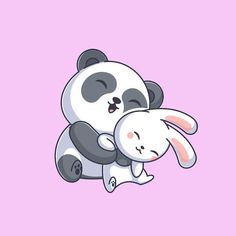 a panda bear hugging a rabbit on top of it's back in the air