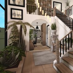 an artist's rendering of a staircase leading to a living room with potted plants