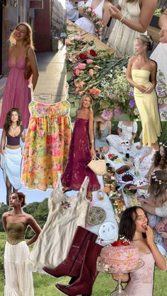 the collage shows many different women in dresses