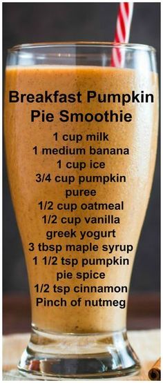 a glass filled with pumpkin pie smoothie on top of a table