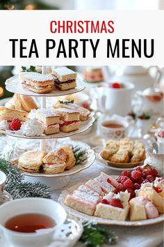 christmas tea party menu with desserts and drinks on the table in front of it