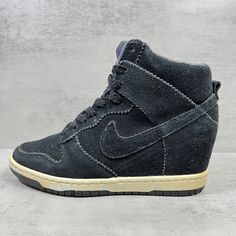 Nike Dunk Sky Hi Hidden Wedge Suede Leather  Sneakers - Women's Size 6 - Black     Pre-owned. Some signs of wear from use. Posted photos shows the condition in greater detail and is the actual item you'll be receiving. Nike Sky High Wedge, Nike Wedge Sneakers Outfit, 2000s Sneakers, Mcbling Outfits, Nike Wedge Sneakers, Sneaker Wedges, Nike Wedges, Hidden Wedge Sneakers, Indie Sleaze