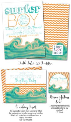 the surf themed baby shower is shown in three different colors and font, along with two matching envelopes