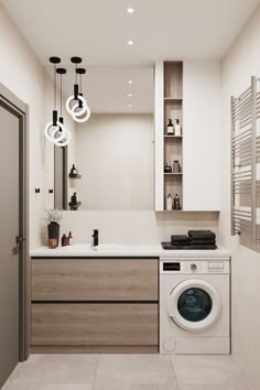 a washer and dryer in a small room with white walls, flooring and cabinets