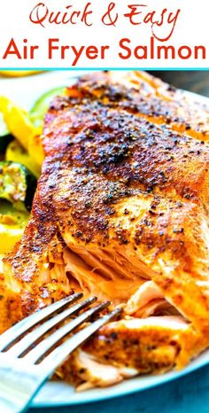 salmon and vegetables on a white plate with the words quick & easy air fryer salmon