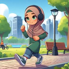 a cartoon girl running in the park with headphones on and ear phones to her ears