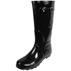 NORTY Womens Glossy Hi-Calf Rain Boots Solid Black. Classic, stylish rainboots that fit great. You'll find yourself looking forward to stormy, rainy days just so you get to wear your cute wellies. No matter how wet, muddy, or slick it gets outside, our adult rain boots for women have you covered. A 13.25 inch boot shaft with fun, feminine styling keeps you warm, dry, and outfitted in fresh fall and winter-ready looks. This extra-roomy insulated rubber boot lets you layer on your favorite thick s Black Round Toe Rain Boots For Rainy Weather, Black Boots For Rainy Weather, Black Boots For Rainy Season, Black Round Toe Rain Boots, Insulated Black Boots For Rainy Season, Black Waterproof Rain Boots For Rainy Season, Black Waterproof Knee-high Boots, Black Weatherproof Rain Boots, Black Knee-high Waterproof Boots For Outdoor