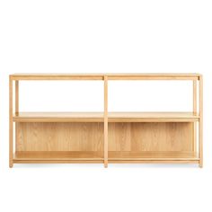 a wooden shelf with two shelves on each side