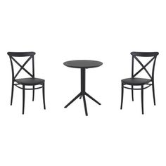 two chairs and a table with one chair on the other side, both in black