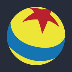 a yellow and blue ball with a red star on the top is against a black background