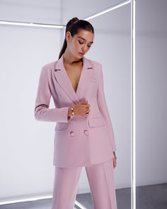 Fabric: Suiting fabric Cotton 65%, Polyester 35% Included: Blazer, Tops, Pants Blazer length: 74 cm/ 29 in Sleeve length: 61 cm/ 24 in Pants length: 116 cm/ 45,6 in 4 Buttons Wide-leg pants Sweetheart top Lining option: Fully-lined Dusty Pink Blazer, Womens Formal Wear, Pink Pantsuit, Pink Suits Women, Pantsuit For Women, Pink Suits, Sweetheart Top, Formal Wear Women, Trouser Suit