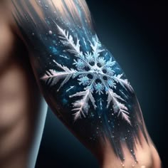 a snowflake tattoo is shown on the arm and leg, with stars in the background