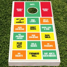 a cornhole game on the grass with words that read, safe, like money