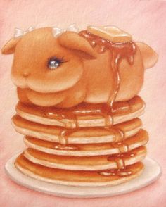 a drawing of a stack of pancakes with a dog on top and syrup pouring over it