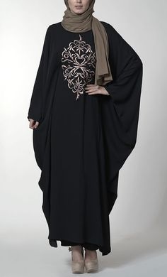 Kaftan Style Eid Abaya Dress Embellished Abaya For Eid, Festive Elegant Long Abaya, Festive Elegant Long Dress Abaya, Long Sleeve Abaya With Dabka Work For Evening, Evening Abaya With Dabka Work And Long Sleeves, Elegant Floor-length Abaya For Eid, Elegant Long Dress Abaya For Eid, Elegant Embroidered Black Abaya, Embroidered Modest Maxi Abaya