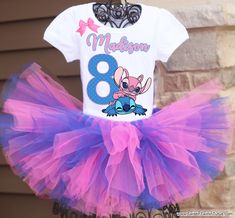 A beautiful pink and blue  tutu comes with a personalized Stitch and Angel birthday shirt.  A pink satin bow is attached to the shirt and tutu.   All tutus are made with high quality tulle and a 1" non-roll waist band.  I make all my tutus very full and fluffy.  I put as much tulle as I can possibly fit.  The shirt is made with a professional heat press, NOT a home iron.  Personalization is included at no additional cost. Please note, heat pressed shirts may become distressed through wash/wear.  Always wash the shirt inside out on a delicate cycle. The puffy sleeve tee comes in sizes 12 month - size 12 . I also carry the same brand shirt in a tank top style as well as long sleeved.  I also have Carter's bodysuits in sizes newborn - 24 months. Please select your sizes and shirt options from Lilo And Angel Birthday Party, Stitch Birthday Outfit, Stitch Birthday Ideas, Stitch And Angel Birthday, Lilo And Stitch Birthday, Stitch Birthday Party, Angel Birthday, Tutu Size Chart, Tutu Cakes