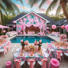 an outdoor party with pink and green decorations, tables set up next to a swimming pool