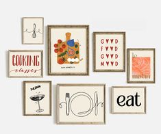 six framed art pieces with different types of food and drinks on them, all in various shapes and sizes