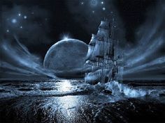 an image of a ship in the ocean at night with moon and stars above it