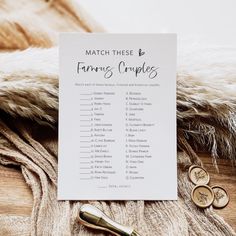 a card that says match these two famous couples on it next to some gold cufflinks