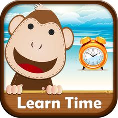 a cartoon monkey with an alarm clock in the background and learn time on the screen