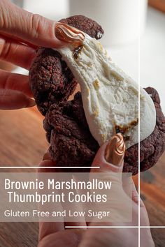 Brownie Marshmallow Thumbprint Cookies Chocolate Thumbprint Cookies, Christmas Recipe, Desserts For A Crowd, Thumbprint Cookies, Fudgy Brownies, Chocolate Caramel, Homemade Desserts, Gluten Free Cookies, Low Sugar