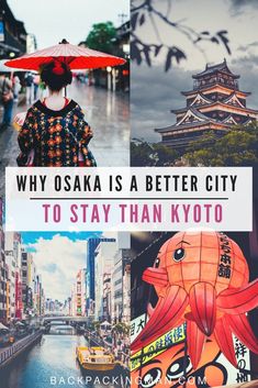 a woman with an umbrella walking down the street in tokyo, japan that says why osak is a better city to stay than kyto