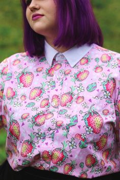 Show your love for strawberries and be stylin' in our adorable Strawberry Button-Up Shirt! Wear this tucked in, tied up, or full length! Perfect for summer or when you want to feel cute! 🍓 Specifications:  *Sizes range from  XS-3XL *UNISEX - (Runs a little large for an oversized look. I'd recommend sizing down for regular fit). *Short sleeves *Stretch Polyester for a comfy and soft feel Cute Collared Summer Shirt, Cute Collared Shirt For Summer, Cute Strawberry Print Tops For Spring, Sweet Pink Short Sleeve Shirt, Sweet Fruit Print Summer Tops, Cute Collared Shirt For Spring, Sweet Summer Tops With Fruit Print, Sweet Fruit Print Tops For Summer, Casual Summer Top With Cute Collar