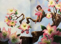 an open book with flowers and a fairy sitting on top of the flower branch in it