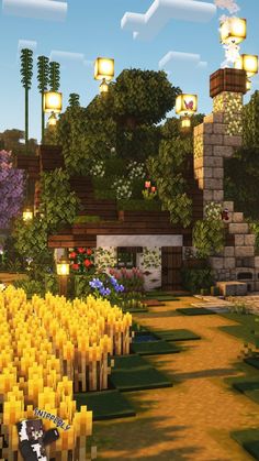 an animated image of a garden with yellow flowers and trees in the background, surrounded by lights