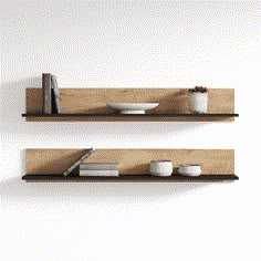 two wooden shelves with books and bowls on them