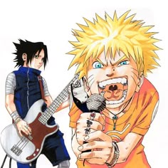 two anime characters one holding a guitar and the other singing into a microphone with his mouth open