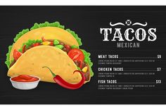 mexican food menu with tacos and sauce on chalkboard background