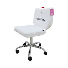 an office chair with wheels and a hello kitty seat cushion