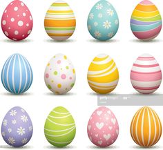 easter eggs with different patterns and colors on white background stock photo, royalty illustration or clip art