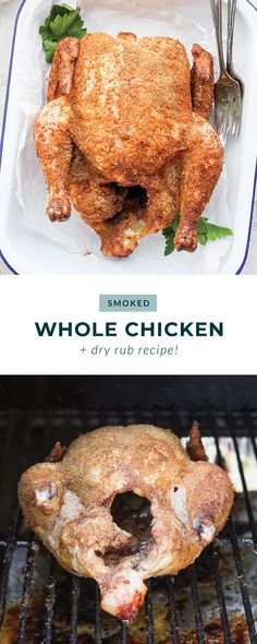 two different pictures of food on top of a grill with the words smoked whole chicken