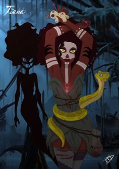 an animated image of a woman holding a snake in front of her head and two other women behind her