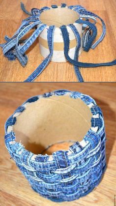 two pictures showing how to make an old pair of jeans with duct tape on them