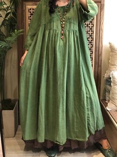 "【Fabric】 linen 【Color】 green, rose red, beige 【Size】 Shoulder width 43cm/ 17\" Sleeve length 51cm/ 20\" Bust 114cm/ 44\" Dress length 123cm / 48\" Note: the effect of each monitor is different, there will inevitably be color difference, please pay attention to the buyer. Washing & Care instructions: -Hand wash or gently machine washable do not tumble dry -Gentle wash cycle (40oC) -If you feel like ironing (although should not be necessary) , do it with steam or while the dress is still slightly Bohemian Solid Color Midi Dress, Green Linen Dress Solid Color, Bohemian Cotton Dress In Solid Color, Bohemian Green Linen Dress, Green Bohemian Linen Dress, Bohemian Solid Color Cotton Dress, Solid Color Linen Maxi Dress, Green Linen Bohemian Dress, Green A-line Cotton Maxi Dress