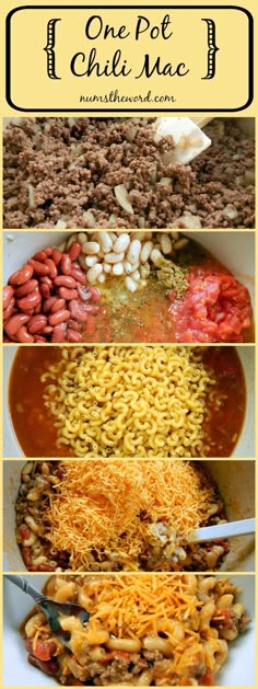 four different types of food are shown with the words one pot chili mac and cheese